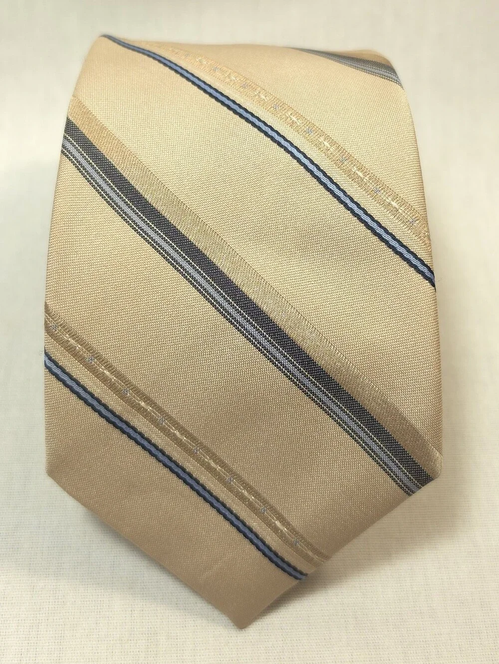 Vintage Beige Striped Men's Tie with Blue and Gray Accents